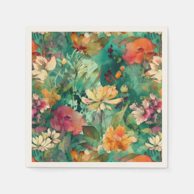 Teal, Coral & Mauve Modern Art Floral Napkin (Front)