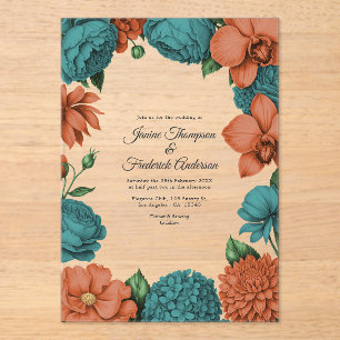 Teal & Coral Modern Botanical Wedding Acrylic Invitations