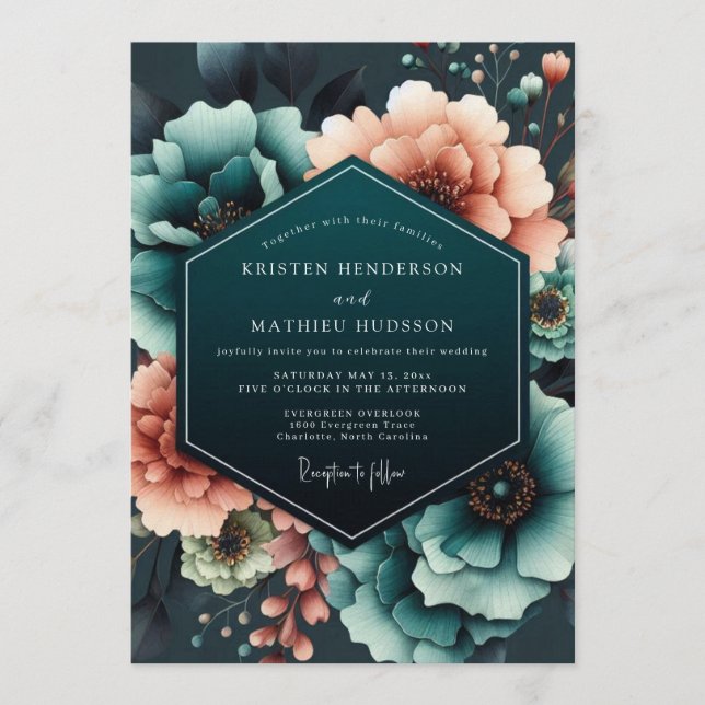 Teal Coral Moody Bloom Wedding Invitation (Front)