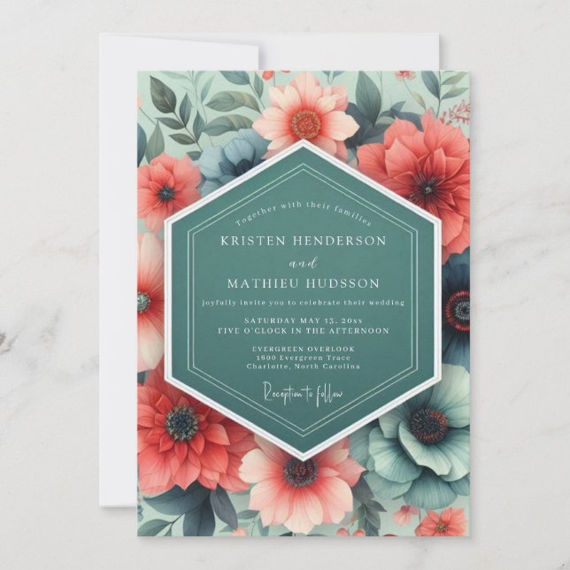 Teal Coral Opulent Flora Wedding Invitation (Front)
