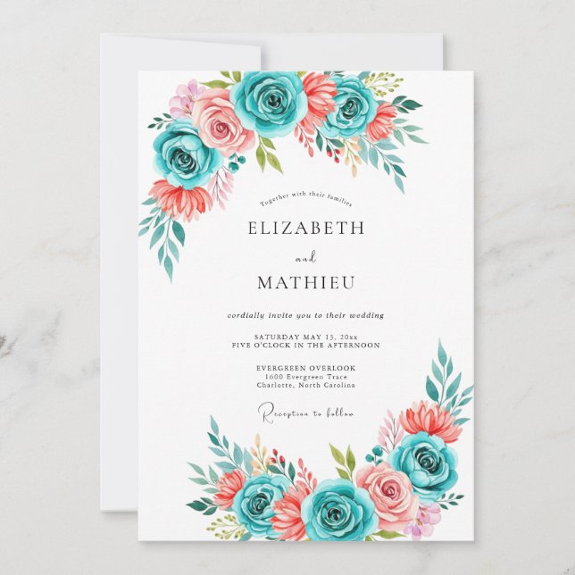 Teal Coral Painterly Blossom Wedding Invitation (Front)