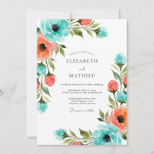 Teal Coral Painterly Floral Wedding Invitation