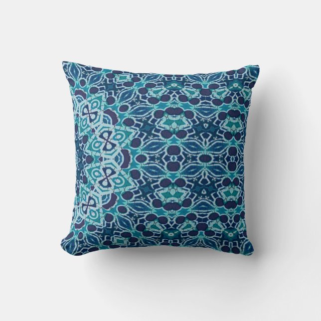 teal coral reef kaleidoscope batik cushion (Front)