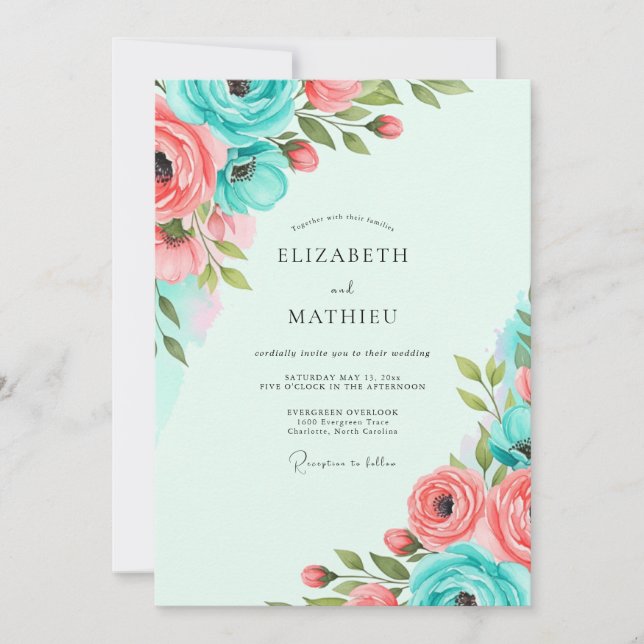 Teal Coral Vibrant Spring Wedding Invitation (Front)