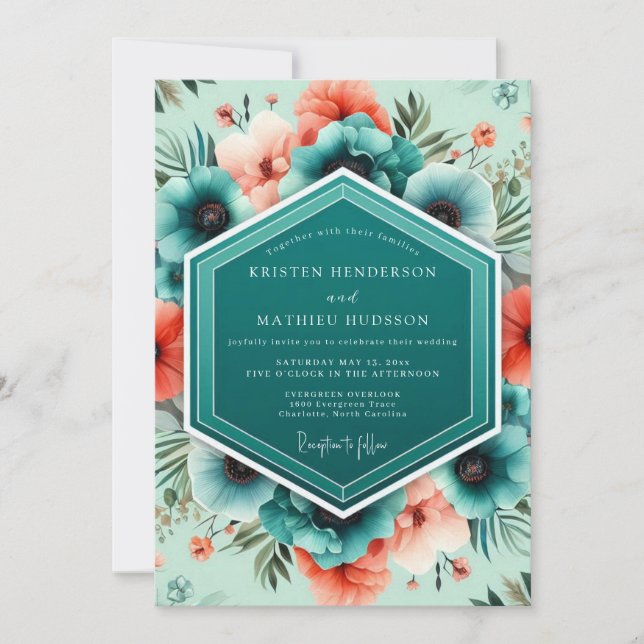 Teal Coral Vivid Botanical Wedding Invitation (Front)