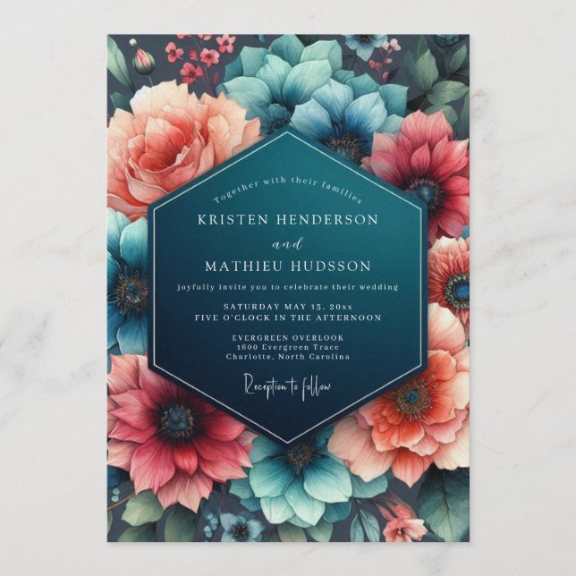 Teal Coral Wedding Invitation (Front)