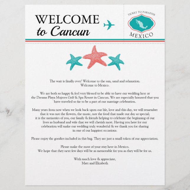 Teal Coral Wedding Welcome Letter for Mexico (Front)