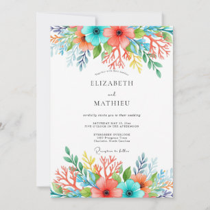 Teal Coral Whimsical Floral Wedding Invitation
