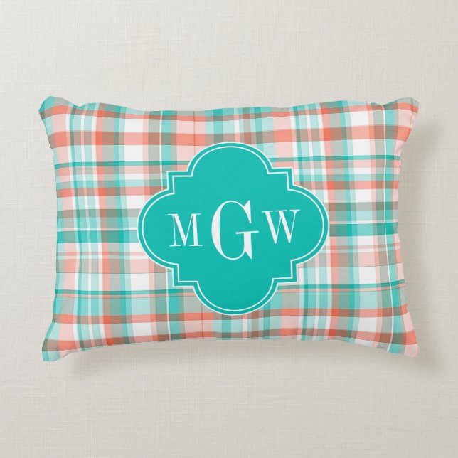 Teal Coral White Preppy Madras Monogram Decorative Cushion (Front)