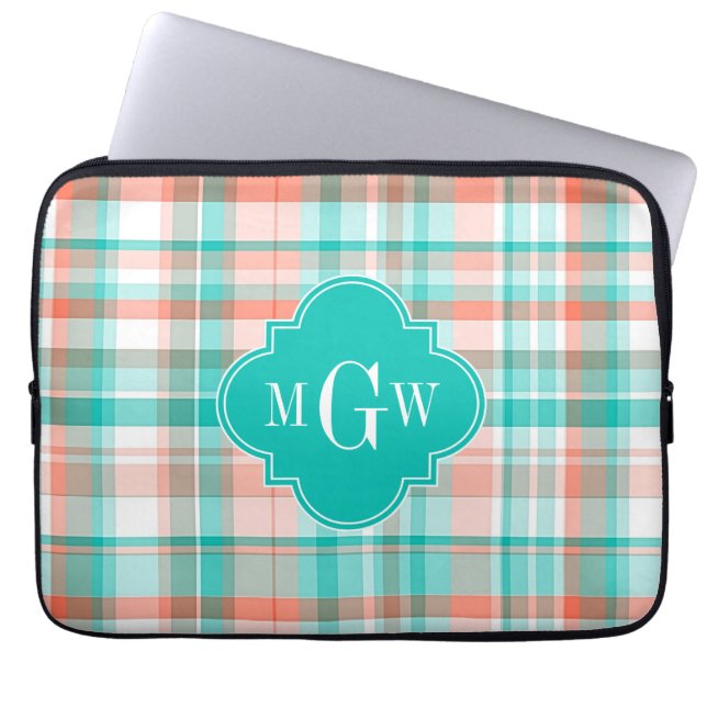 Teal Coral White Preppy Madras Monogram Laptop Sleeve (Front)
