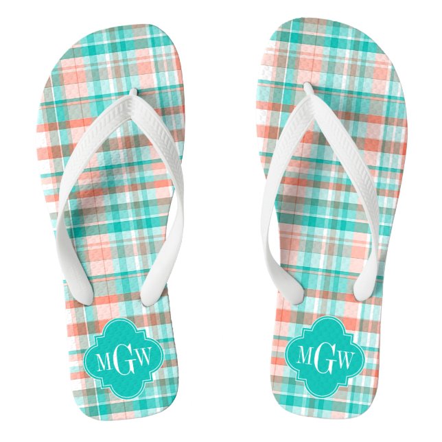 Teal Coral White Preppy Madras Monogram Thongs (Footbed)