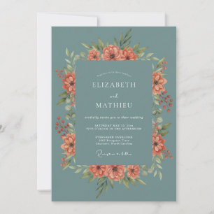 Teal Coral Wreath Botanical Wedding Invitation