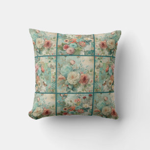 Teal Cottagecore Vintage Floral Quilt Pattern Cushion