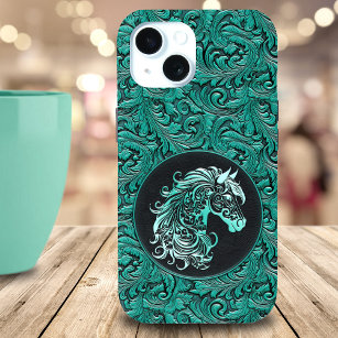 Teal cowgirl floral tooled leather horse head iPhone 15 case