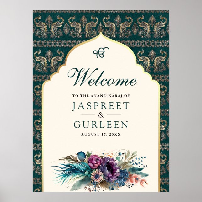 Teal Cream Anand Karaj Wedding Welcome Sign (Front)