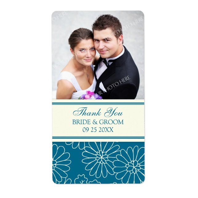 Teal Cream Floral Photo Wedding Labels (Front)