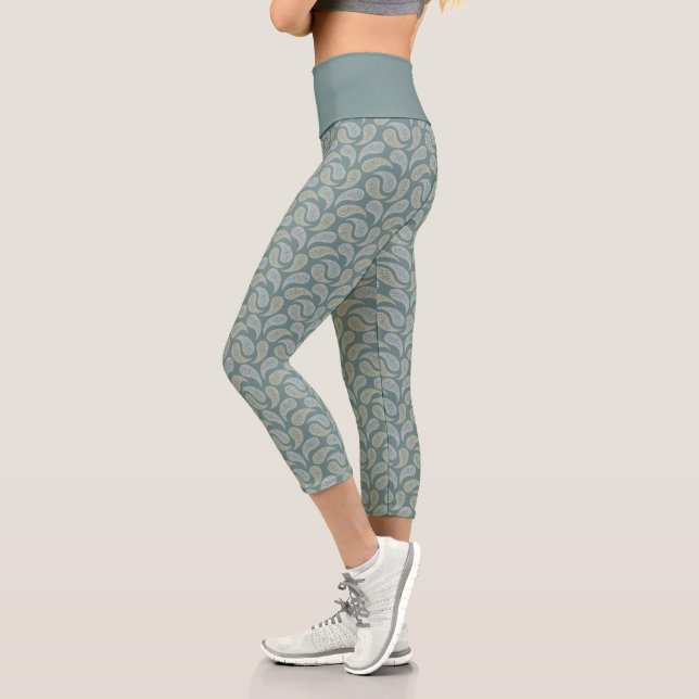 Teal-Cream Paisley Pattern High Waisted Capris (Left)