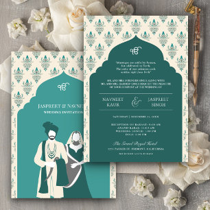 Teal Cream Punjabi Anand Karaj Sikh Wedding Invitation