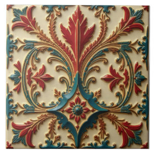 Teal, Crimson and Gold Floral Ceramic Tile