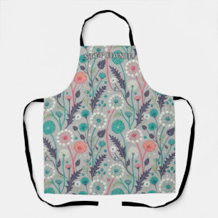 Teal & Crimson Dandelion Dream – Stylised Floral Apron