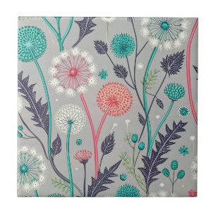 Teal & Crimson Dandelion Dream – Stylised Floral Ceramic Tile