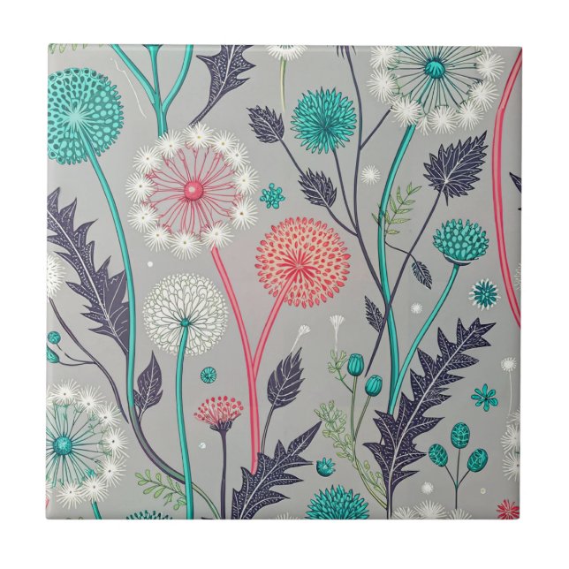 Teal & Crimson Dandelion Dream – Stylised Floral Ceramic Tile (Front)