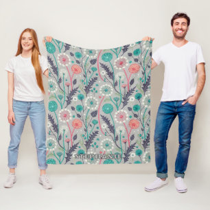 Teal & Crimson Dandelion Dream – Stylised Floral Fleece Blanket