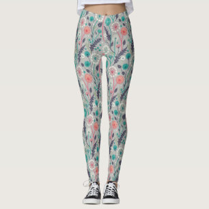 Teal & Crimson Dandelion Dream – Stylised Floral Leggings