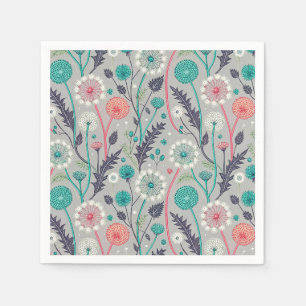 Teal & Crimson Dandelion Dream – Stylised Floral Napkin