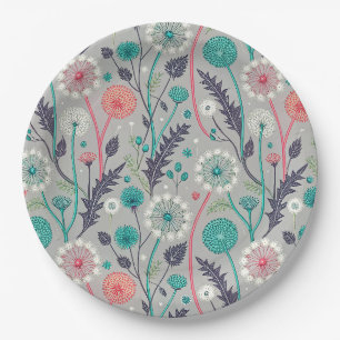 Teal & Crimson Dandelion Dream – Stylised Floral Paper Plate