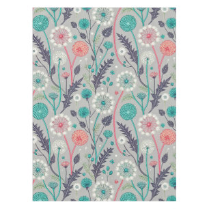 Teal & Crimson Dandelion Dream – Stylised Floral Tablecloth