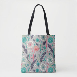 Teal & Crimson Dandelion Dream – Stylised Floral Tote Bag