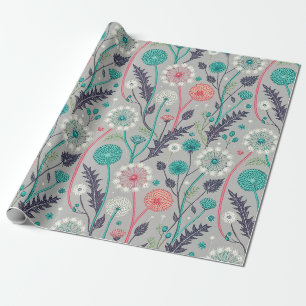 Teal & Crimson Dandelion Dream – Stylised Floral Wrapping Paper
