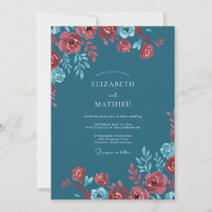 Teal Crimson Floral Flourish Wedding Invitation