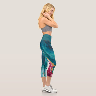 Teal & Crimson Marble Elegance Capri Leggings