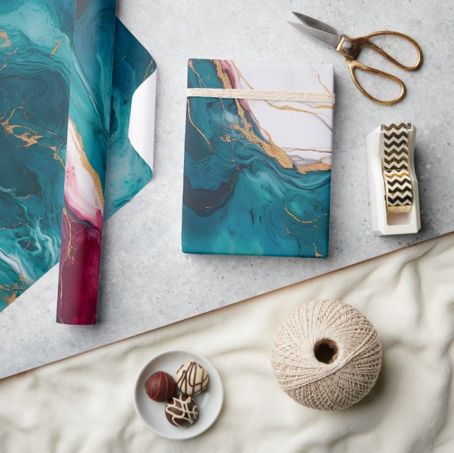 Teal & Crimson Marble Elegance Wrapping Paper (Crafts)