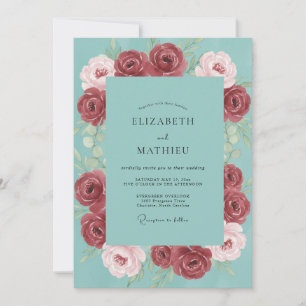 Teal Crimson Ranunculus Eucalyptus Wedding Invitation