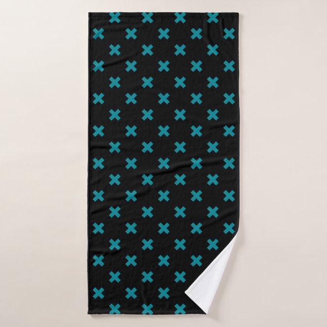 Teal cross stitches on black bath towel (Bath Towel)