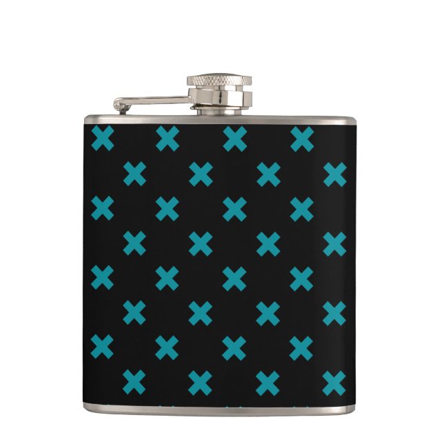 Teal cross stitches on black hip flask (Front)