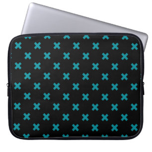 Teal cross stitches on black laptop sleeve