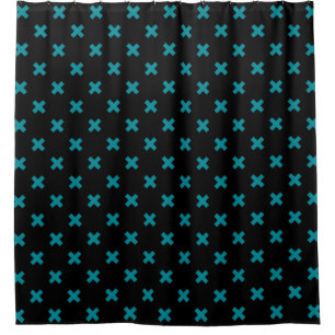 Teal cross stitches on black shower curtain