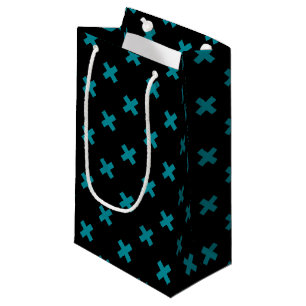 Teal cross stitches on black small gift bag
