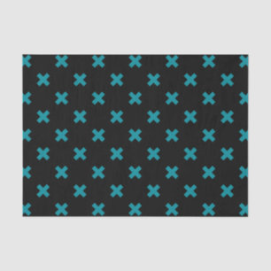 Teal cross stitches on black tissue paper