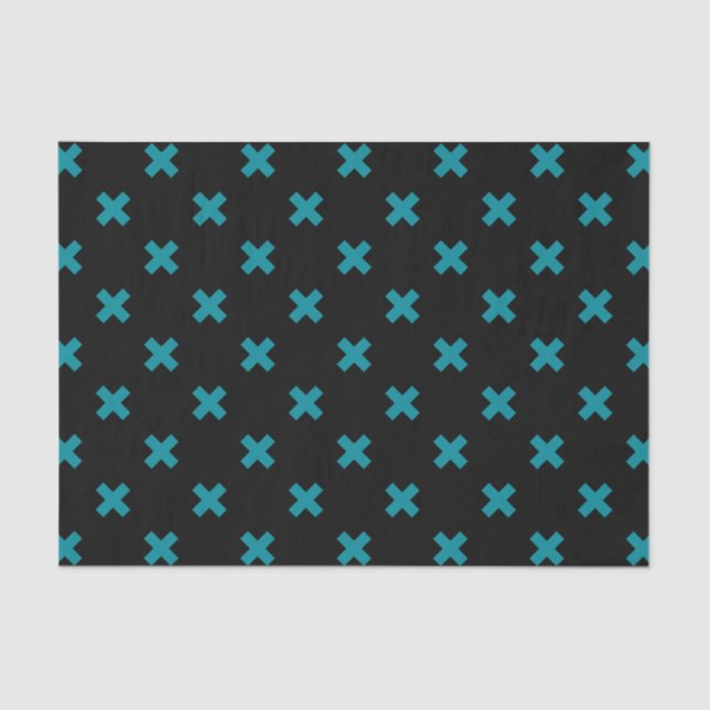 Teal cross stitches on black tissue paper (Front)