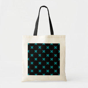 Teal cross stitches on black tote bag