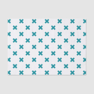 Teal cross stitches on white tissue paper
