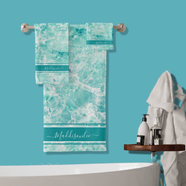 Teal Crystal Monogram Name Marble Agate Custom  Bath Towel Set (Creator Uploaded)