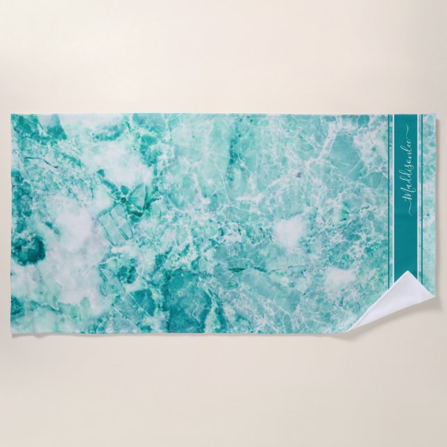 Teal Crystal Monogram Name Marble Agate Custom  Beach Towel (Front)