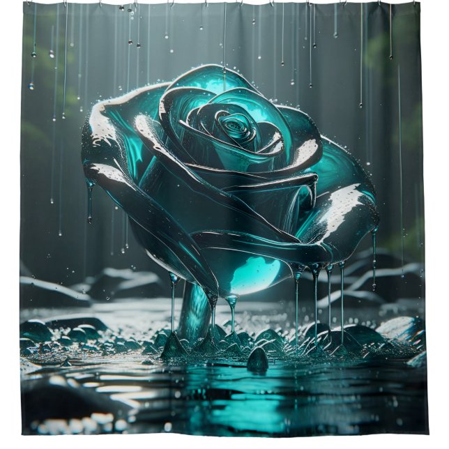 “Teal Crystal Rose with Falling Raindrops" Shower Curtain (Front)