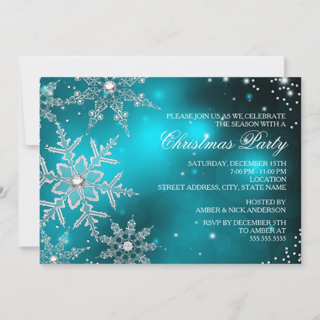Teal Crystal Snowflake Christmas Dinner Party Invitation (Front)